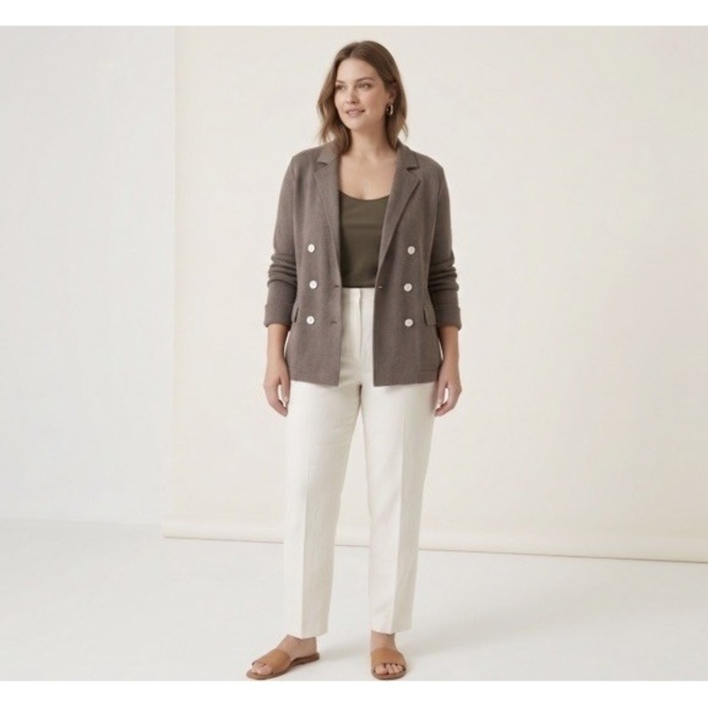 Amina Rubinacci Italy Made Linen Cotton Double Breasted Knit Taupe Blazer SZ 46.